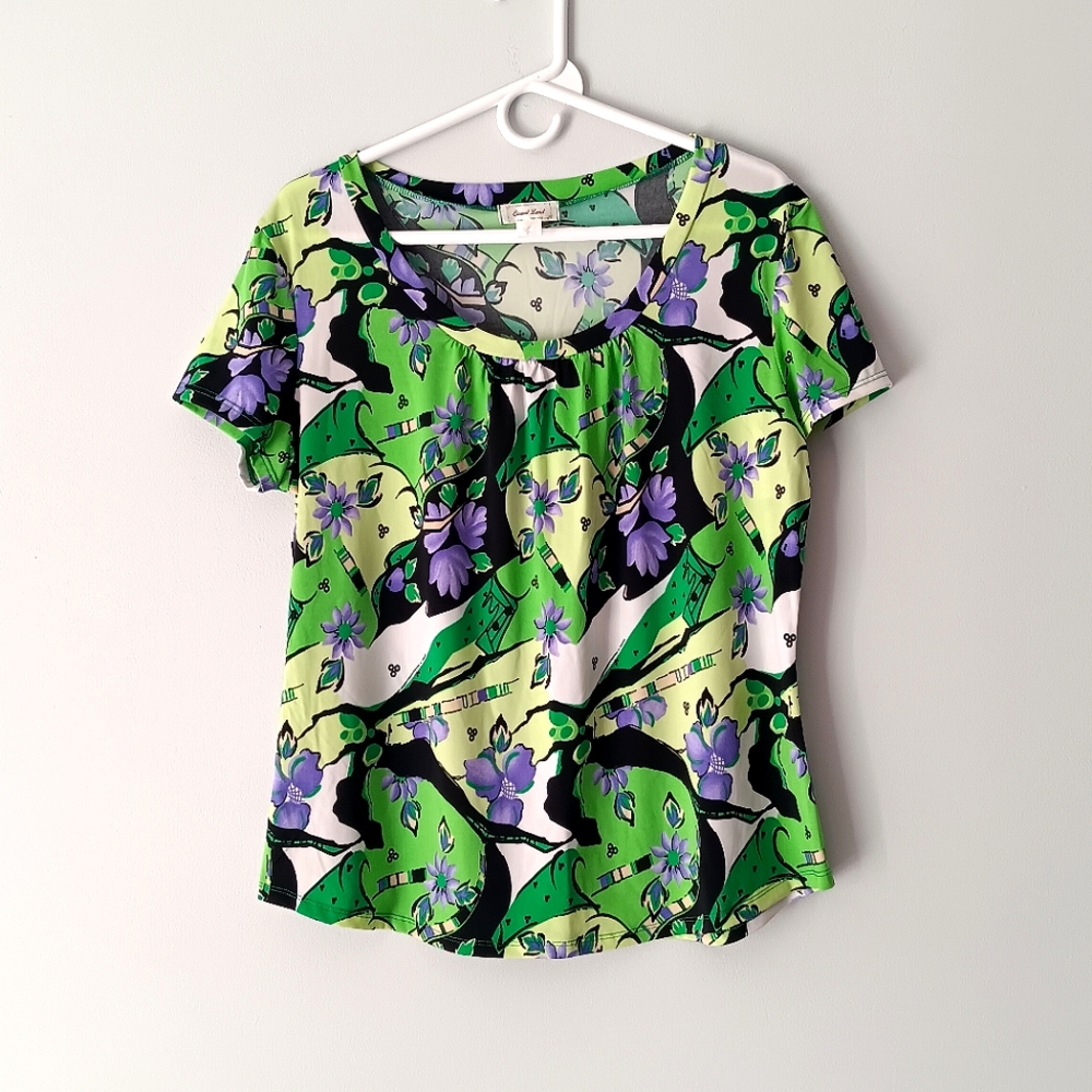 Casual Land Short-Sleeve Blouse Floral Bright Green Purple Yellow White Size 2XL